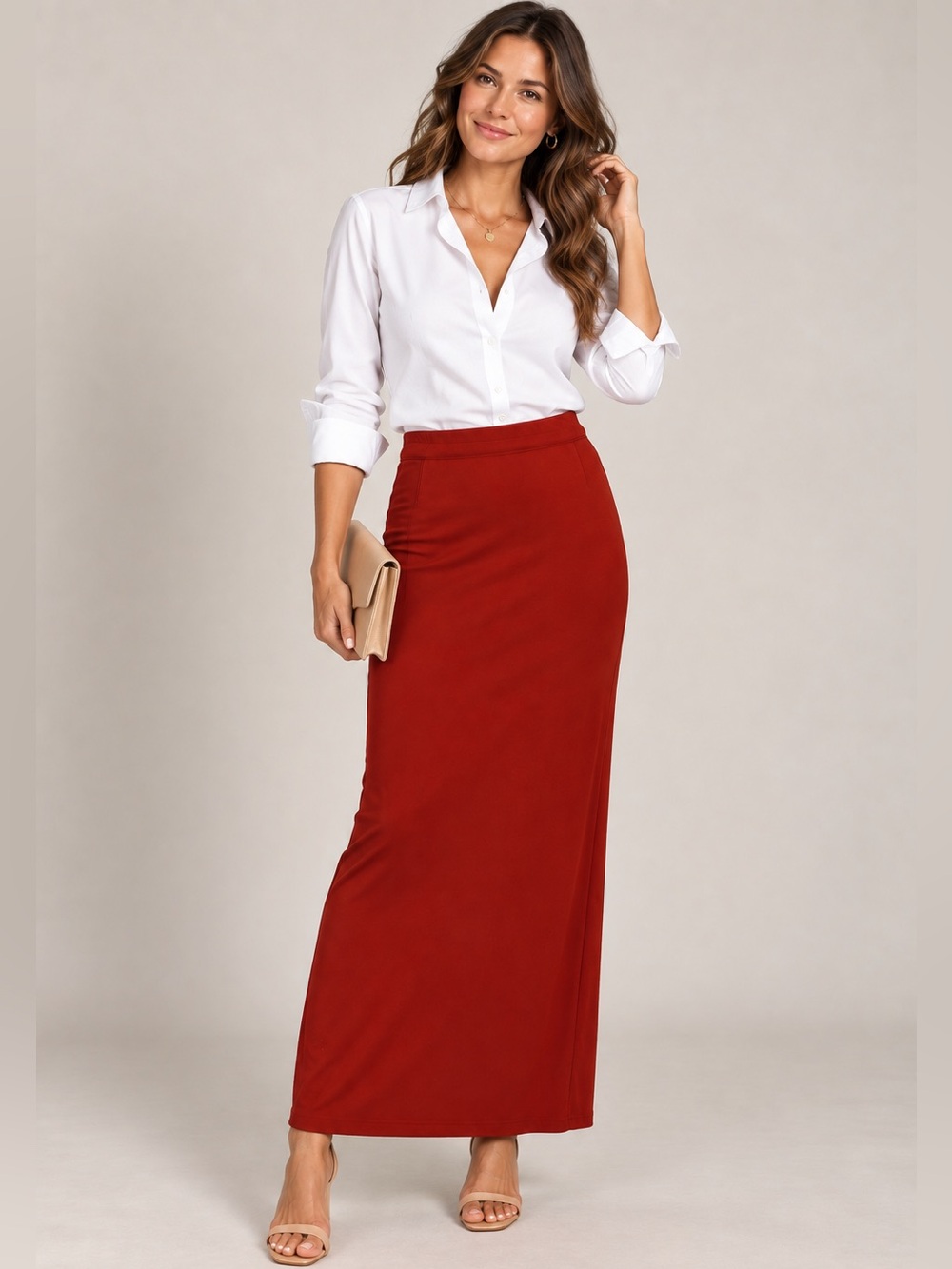 Plein Air sz L candy apple red elastic waist maxi skirt